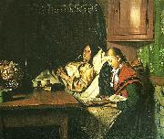 Michael Ancher, ved en sygeseng, en ung pige lceser for den gamle kone i alkoven